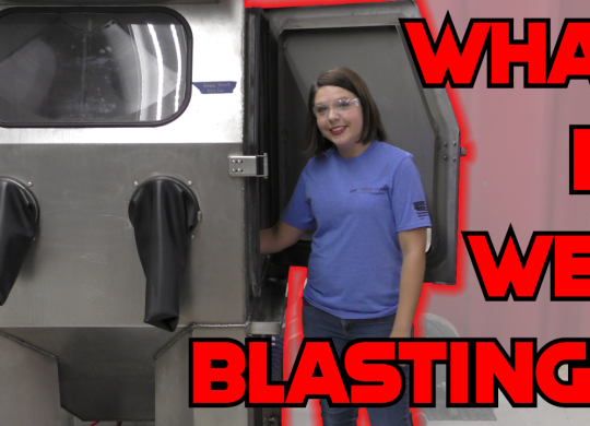 Sarah Delventhal standing beside a Vapor Honing machine. With text that reads" what is wet blasting."